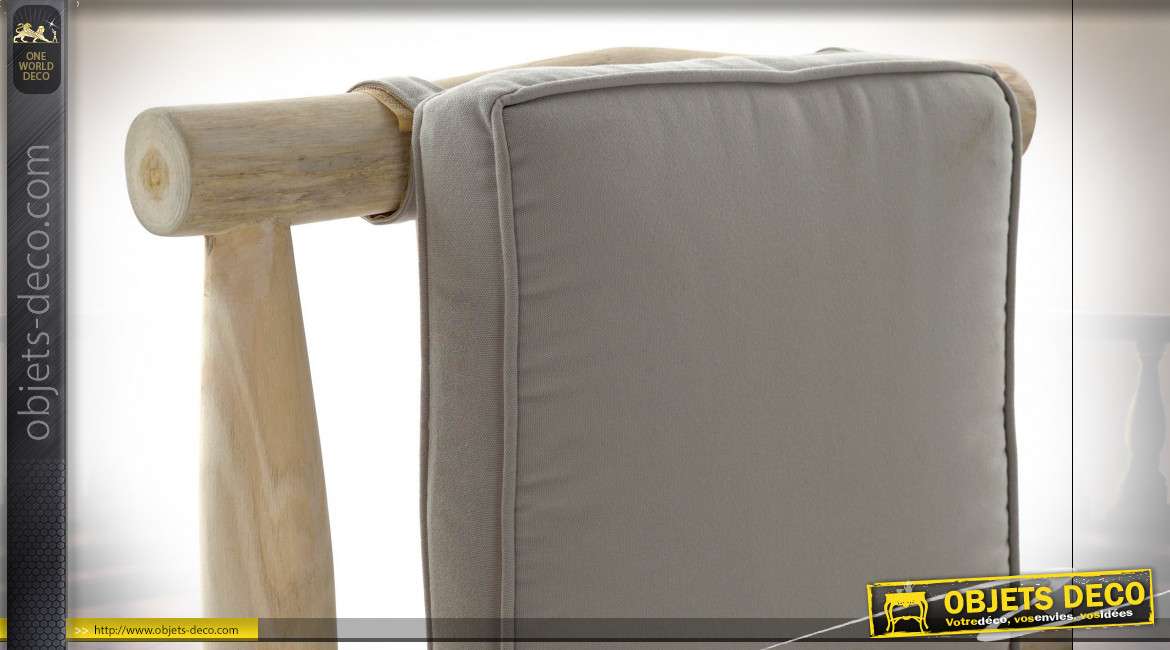 Fauteuil en bois de teck finition naturelle, assise et dossier gris style bord de mer, 92cm