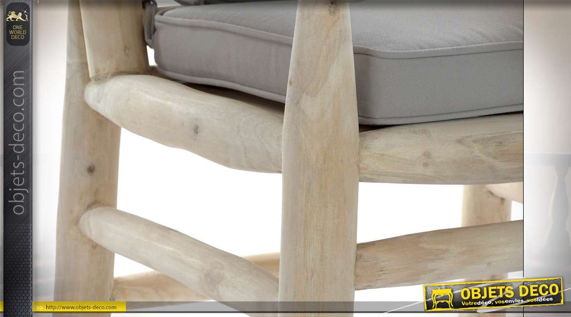 Fauteuil en bois de teck finition naturelle, assise et dossier gris style bord de mer, 92cm