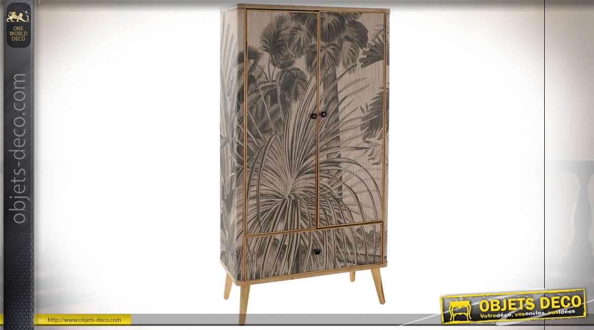 Armoire en bois de style exotique, façades en bambou aux motifs de végétation tropical, 161cm