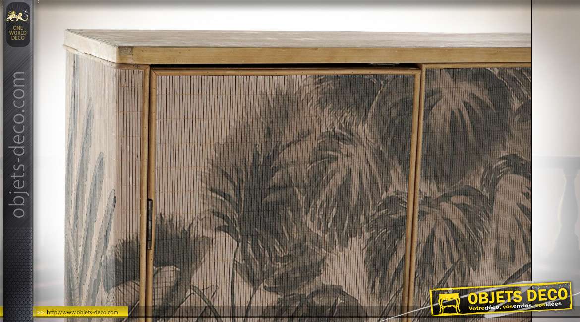 Armoire en bois de style exotique, façades en bambou aux motifs de végétation tropical, 161cm