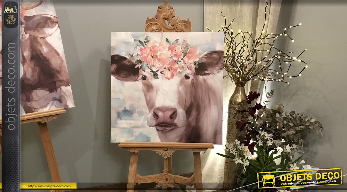 Tableau champêtre avec représentation d'une vache couronnée de fleurs, 70cm