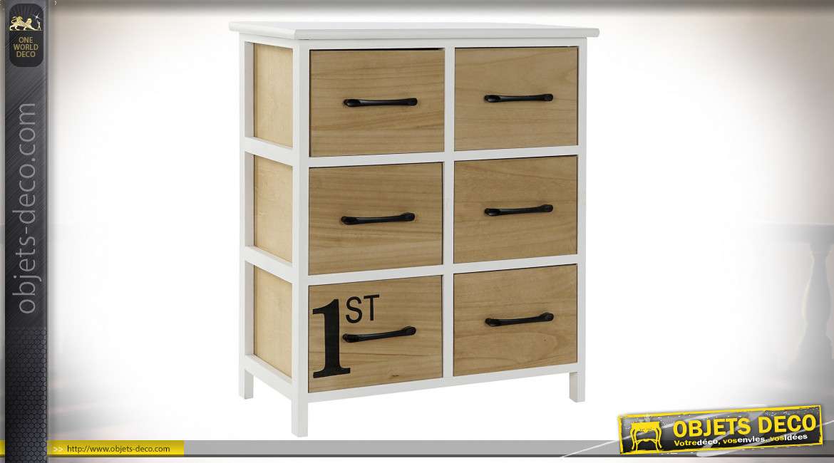 Commode six tiroirs en bois de paulownia finition chêne clair et blanche style cottage, 64.5cm