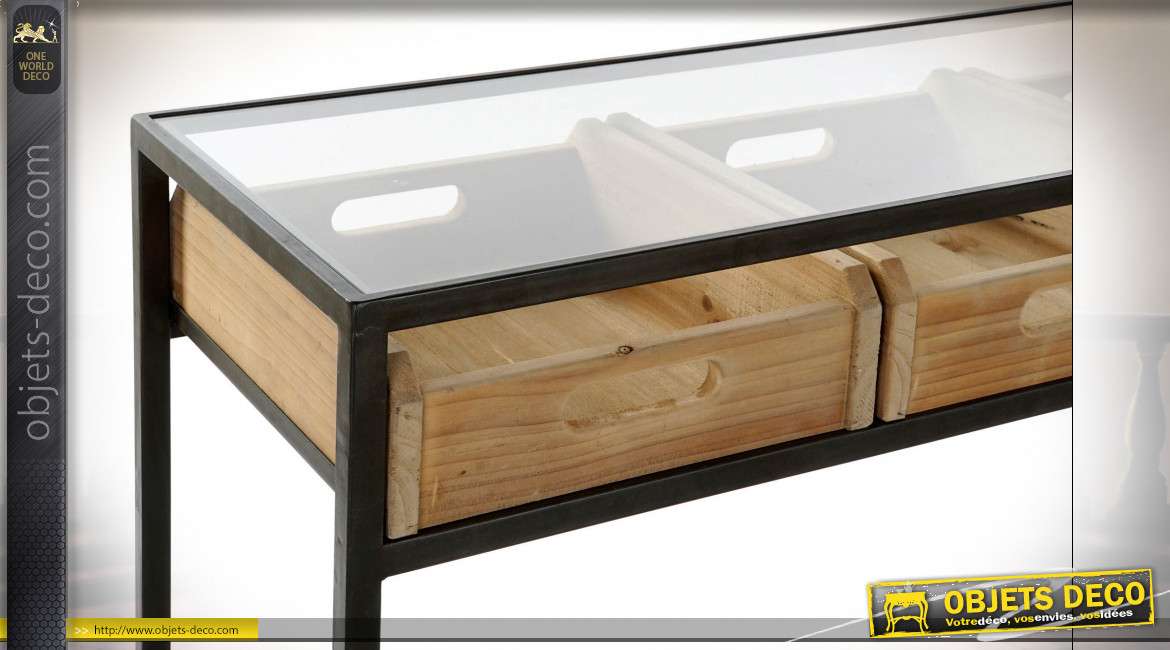 Console esprit vieux meuble d'exposition vitré finition naturelle et noire de style industiel, 100cm