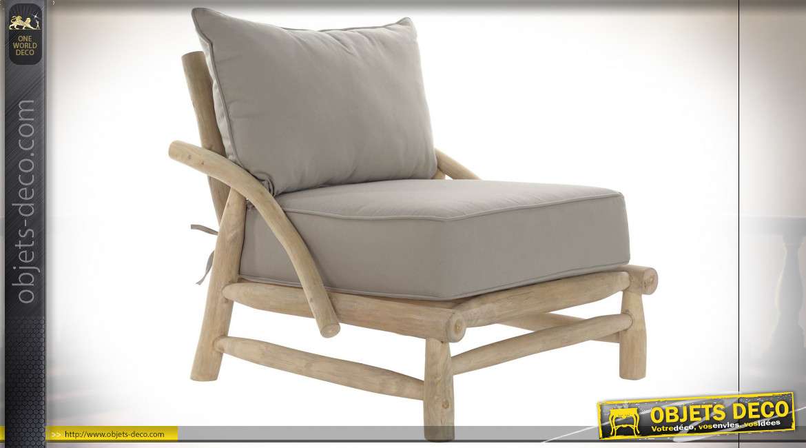 Fauteuil en bois de teck effet bois flotté, coussin d'assise et dossier gris style bord de mer, 82cm