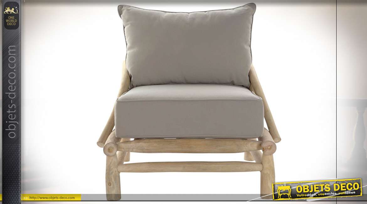 Fauteuil en bois de teck effet bois flotté, coussin d'assise et dossier gris style bord de mer, 82cm