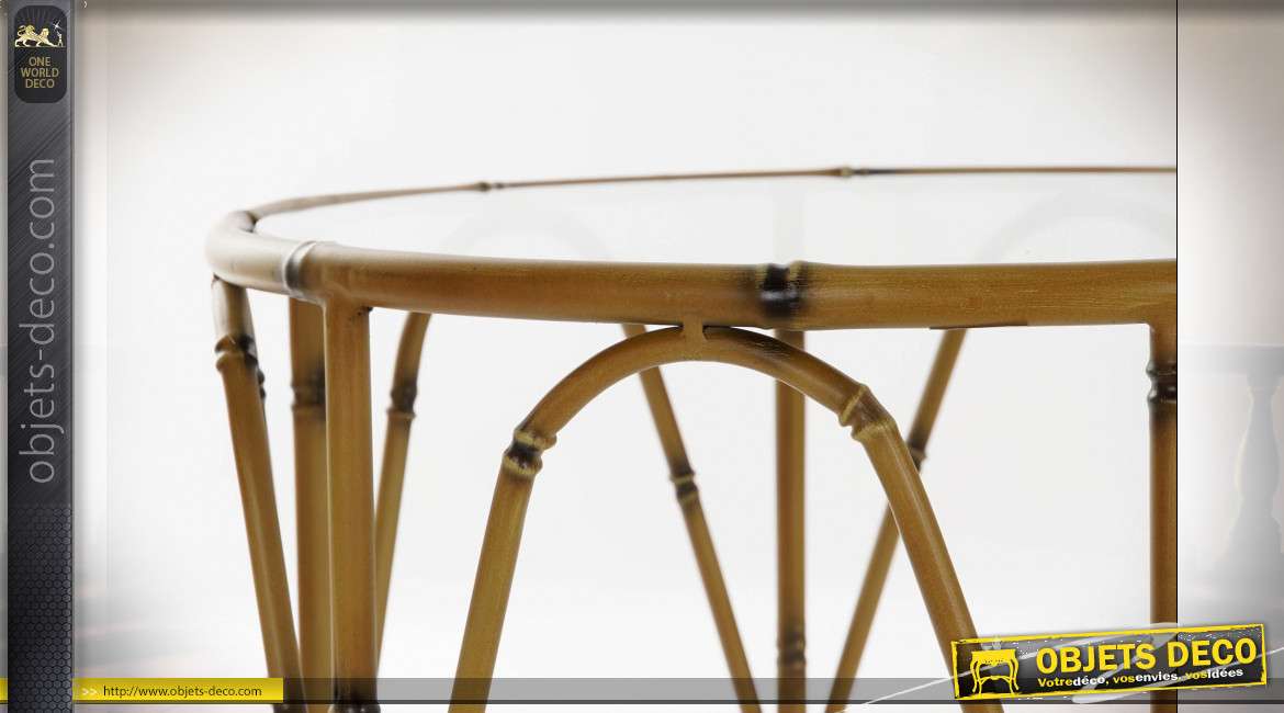 Série de deux tables auxiliaire imitation bambou et plateau en verre transparent de style tropical, 51cm