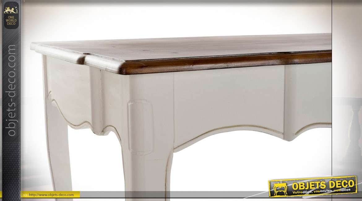 Table en bois de paulownia finition blanche et brun foncé, pieds galbés esprit cottage, 160cm