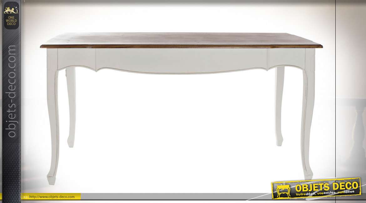 Table en bois de paulownia finition blanche et brun foncé, pieds galbés esprit cottage, 160cm