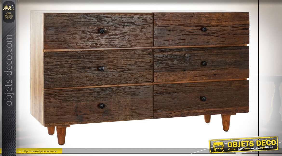 Commode six tiroirs en bois d'acacia et bois recyclé, finition brou de noix et brun clair style chalet, 135cm