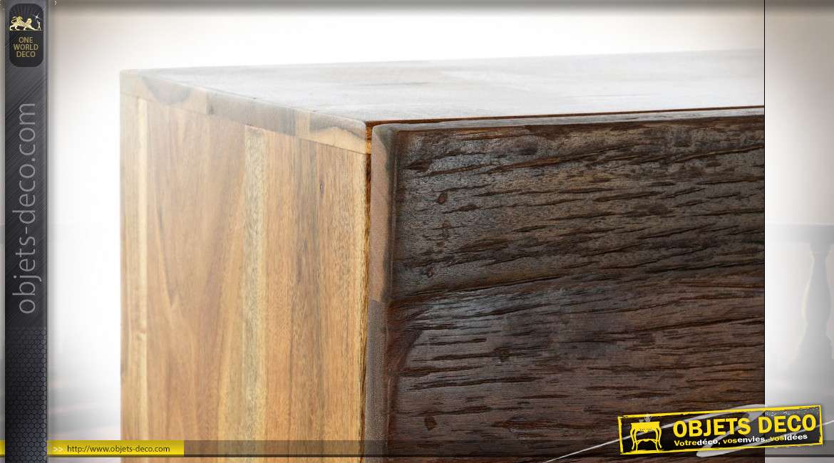 Commode six tiroirs en bois d'acacia et bois recyclé, finition brou de noix et brun clair style chalet, 135cm