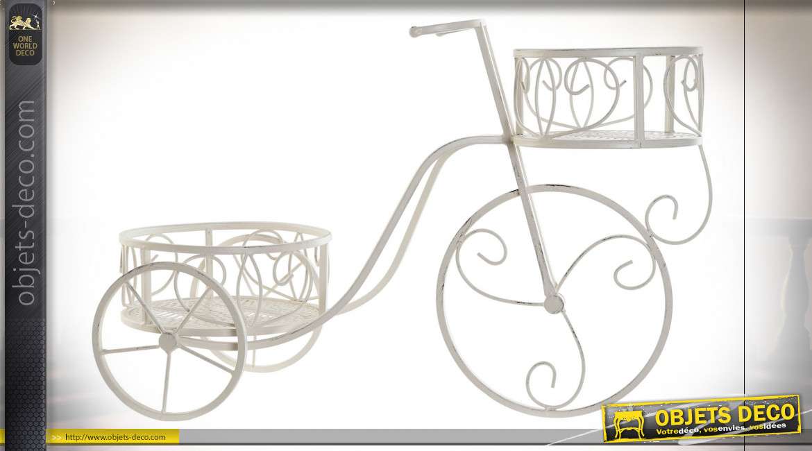 Support pots de fleurs vieux vélo en métal finition blanche de style romantique, 65cm