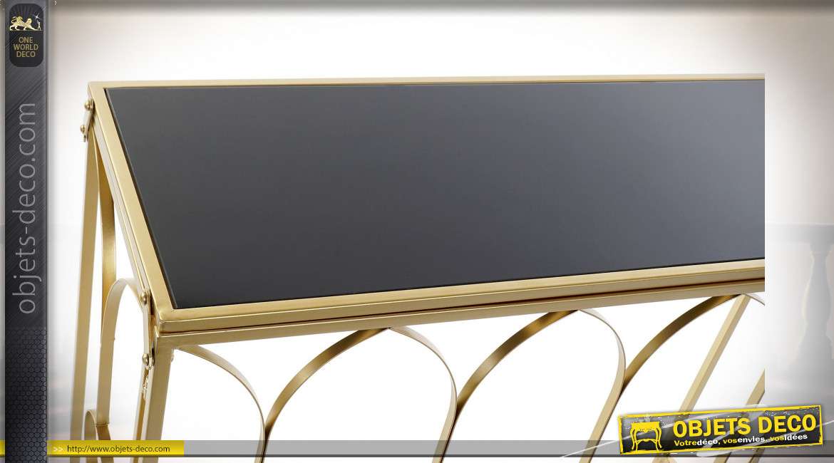 Console de style moderne design finition noire et dorée, plateau en verre, 92cm