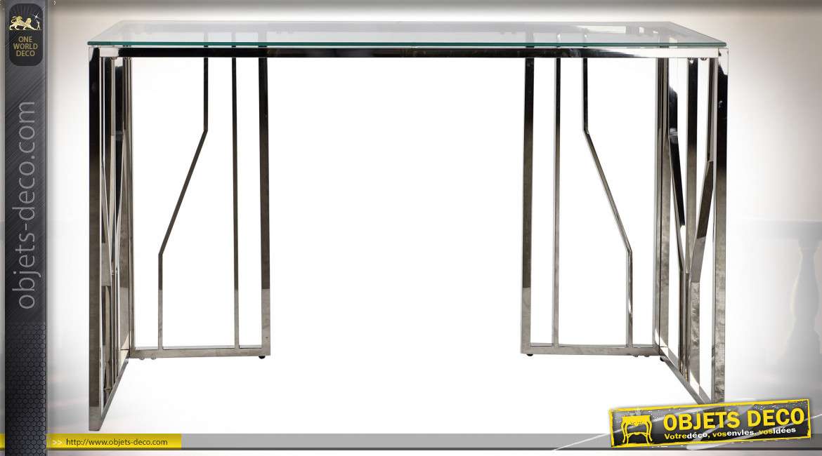 Console en verre et acier finition argentée de style contemporain moderne, 120cm