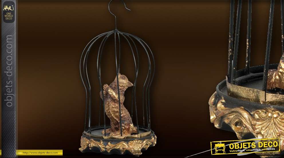 Cage décorative avec chat doré à poser ou à suspendre