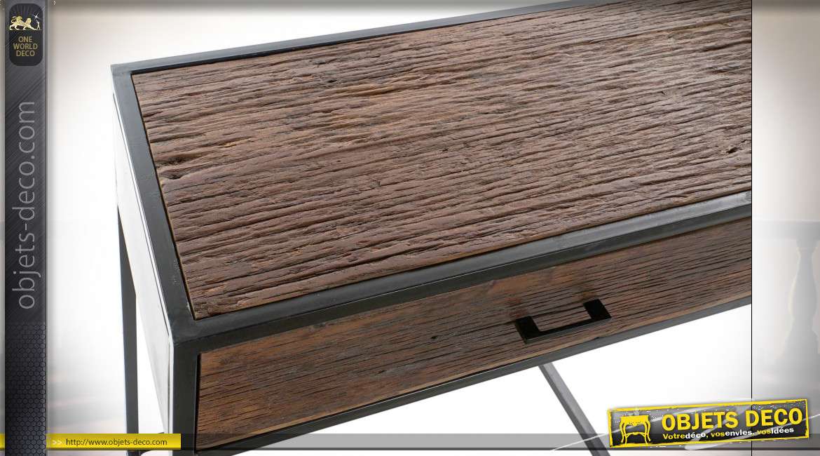 Console à deux grands tiroirs en bois de manguier finition brou de noix style chalet, 150cm