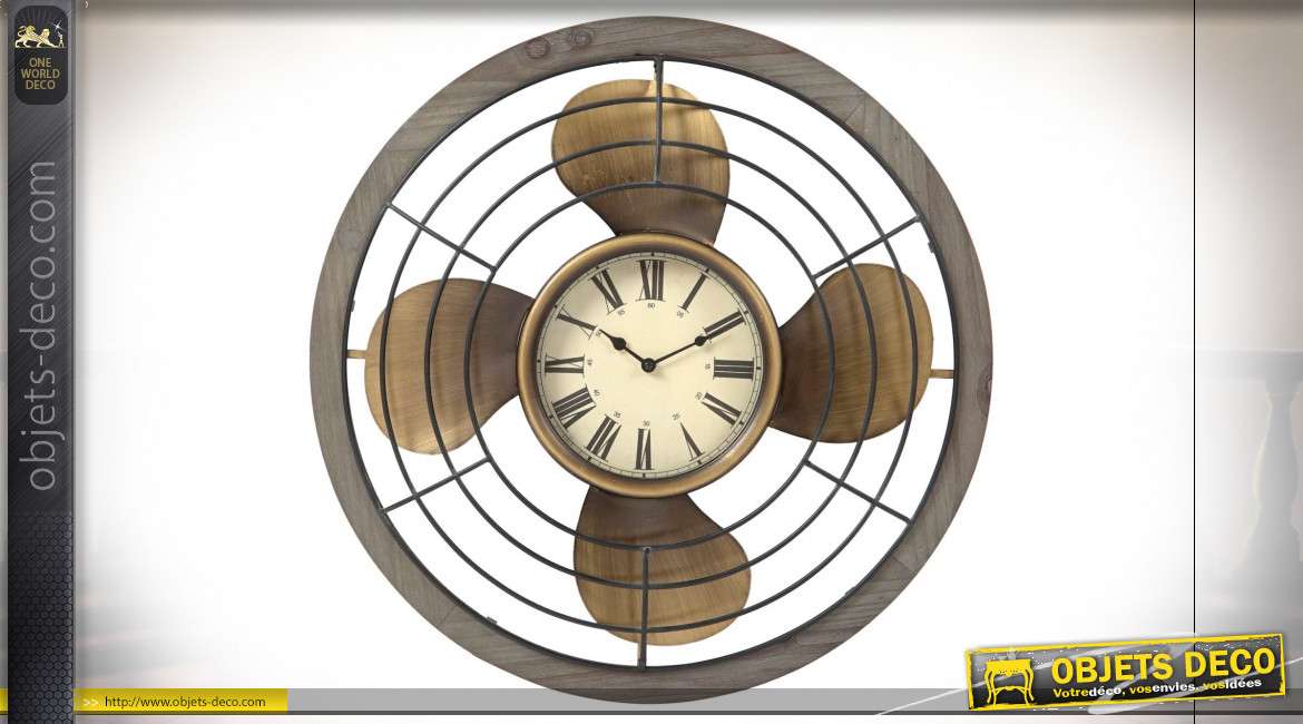 Horloge murale en forme de vieux ventilateur doré et noir de style industriel, 60cm