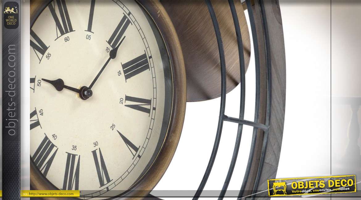 Horloge murale en forme de vieux ventilateur doré et noir de style industriel, 60cm