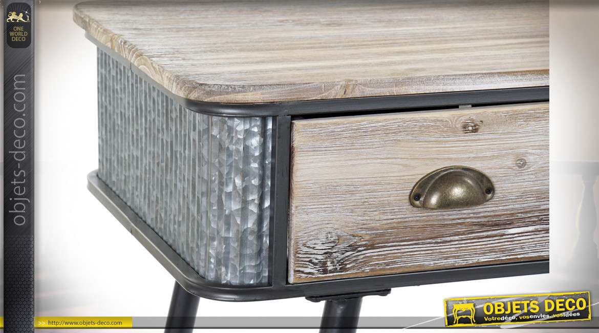 Console à trois tiroirs de style industriel en bois de sapin finition brun clair, métal effet zinc, 118cm
