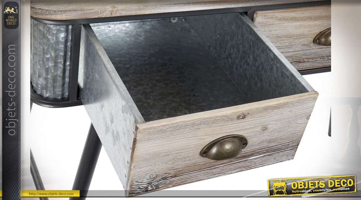Console à trois tiroirs de style industriel en bois de sapin finition brun clair, métal effet zinc, 118cm