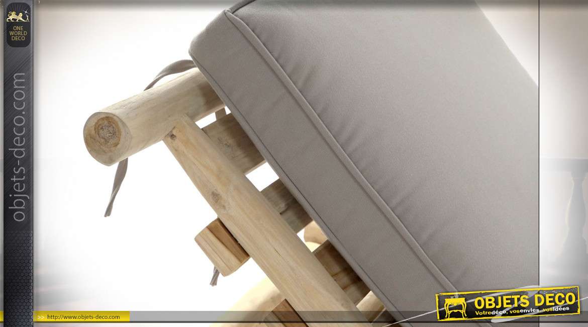 Chaise longue grise de style bord de mer en bois de teck esprit bois flotté finition naturelle, 209cm
