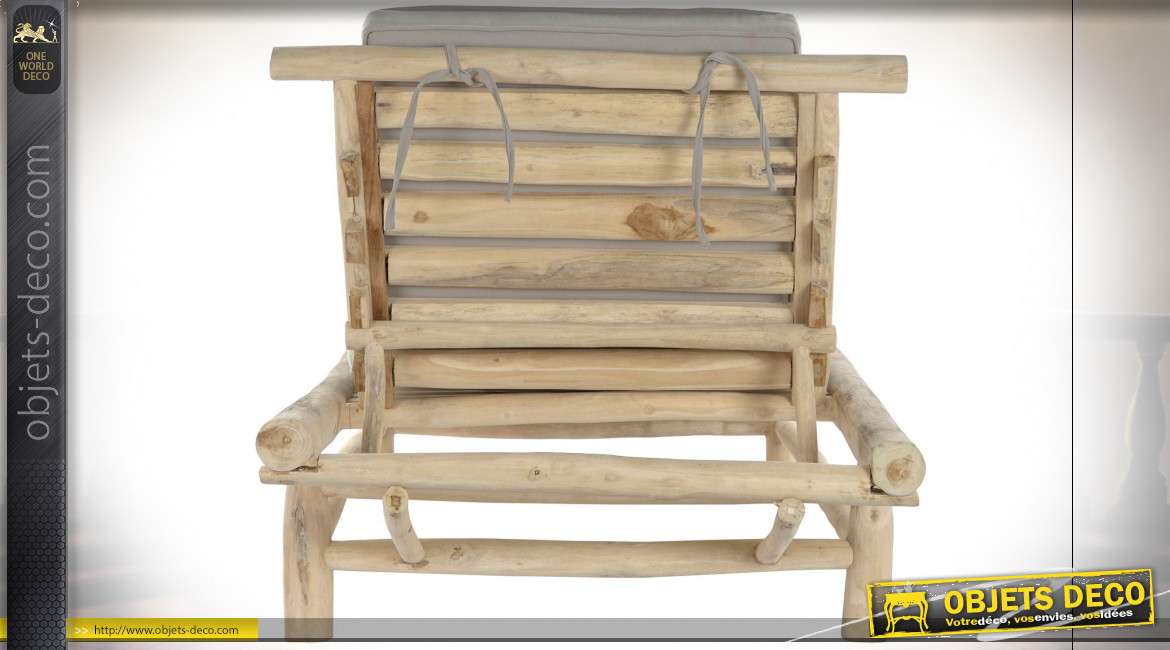 Chaise longue grise de style bord de mer en bois de teck esprit bois flotté finition naturelle, 209cm