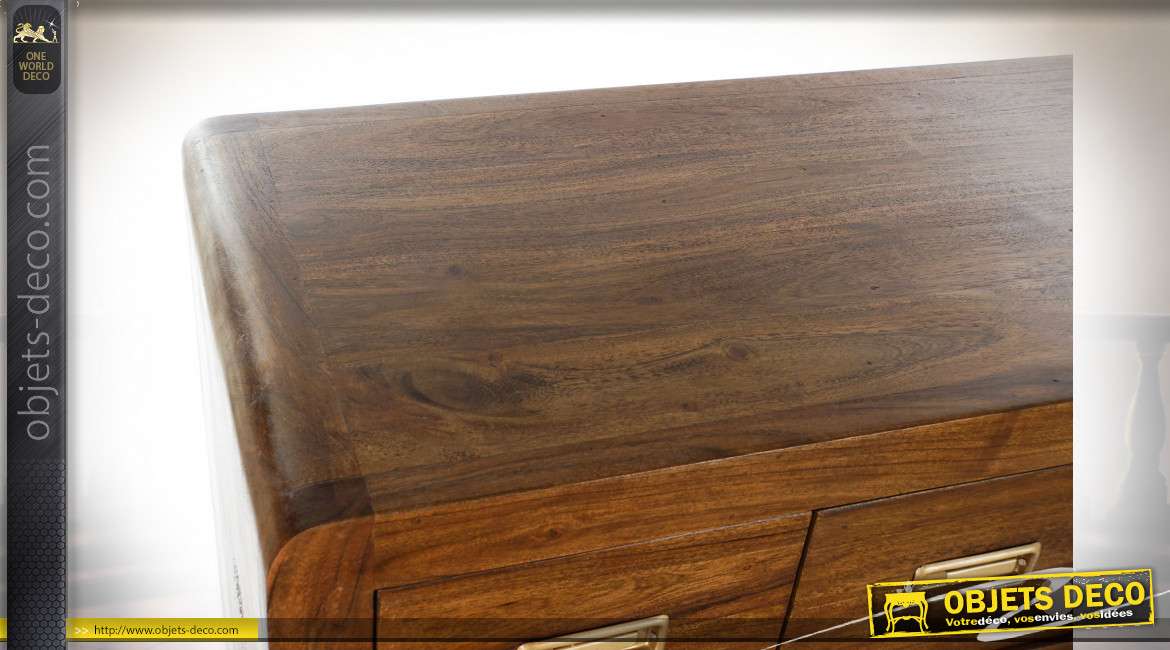 Commode en bois d'acacia finition brun foncé de style rétro, poignées en métal doré, 110cm