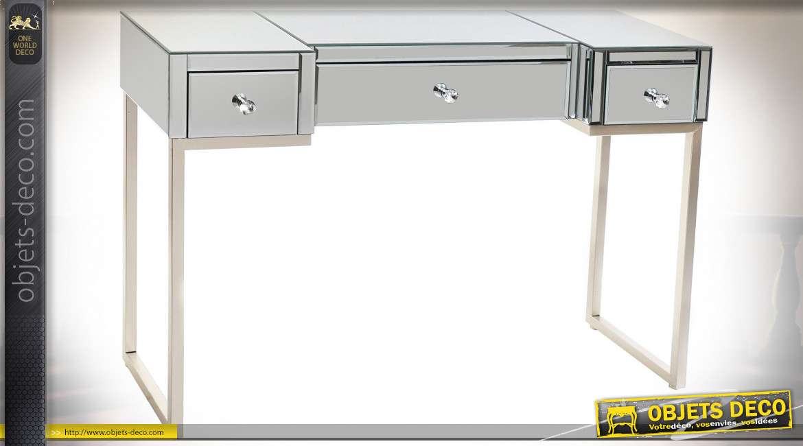 Console à trois tiroirs de style moderne chic en miroir et métal finition argentée, 121cm