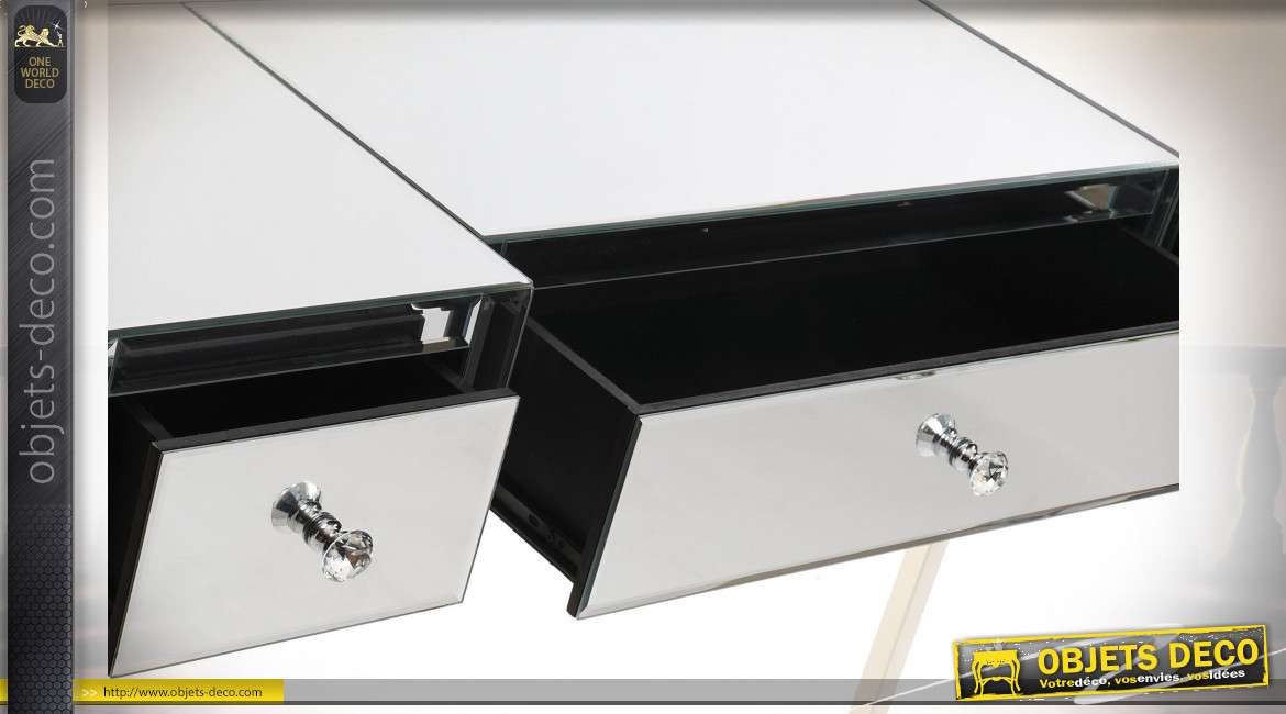 Console à trois tiroirs de style moderne chic en miroir et métal finition argentée, 121cm