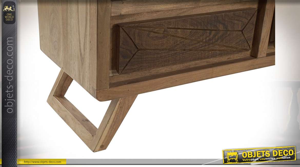 Meuble TV de style rétro en bois d'acacia finition brun foncé, porte centrale en cannelage de rotin, 160cm