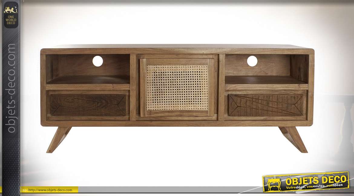 Meuble TV de style rétro en bois d'acacia finition brun foncé, porte centrale en cannelage de rotin, 160cm
