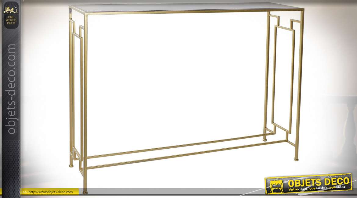 Console de style moderne chic en métal finition dorée, plateau en verre fumé, 106.5cm