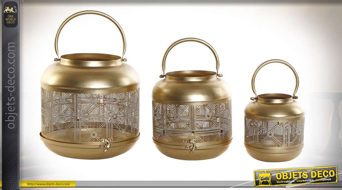 Série de trois lanternes circulaires en métal finition dorée style boho chic, 25cm