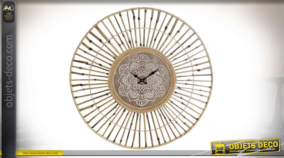 Horloge murale circulaire de style tropical, encadrement en tiges de bambou finition naturelle, 80.5cm