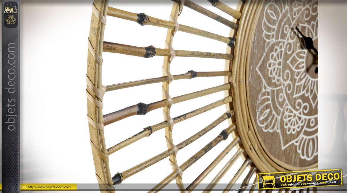 Horloge murale circulaire de style tropical, encadrement en tiges de bambou finition naturelle, 80.5cm