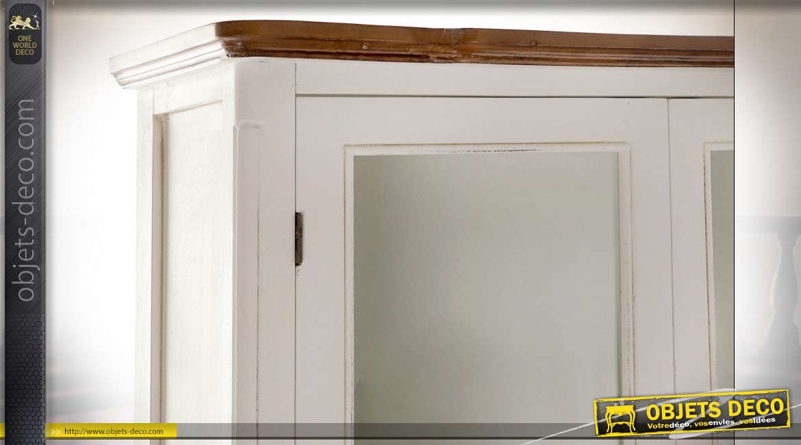 Grande vitrine en bois de paulownia finition blanche et brun clair style cottage, 198cm