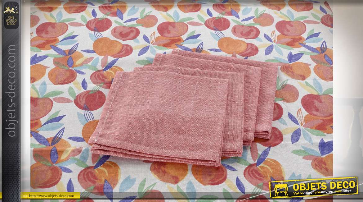 Nappe carrée de style estival en coton avec impressions de fruits, serviettes assorties, 154x154cm