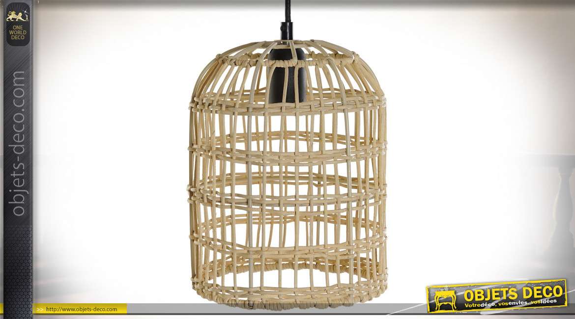 Suspension luminaire en forme de cage à oiseaux en rotin finition naturelle style tropical, 25cm