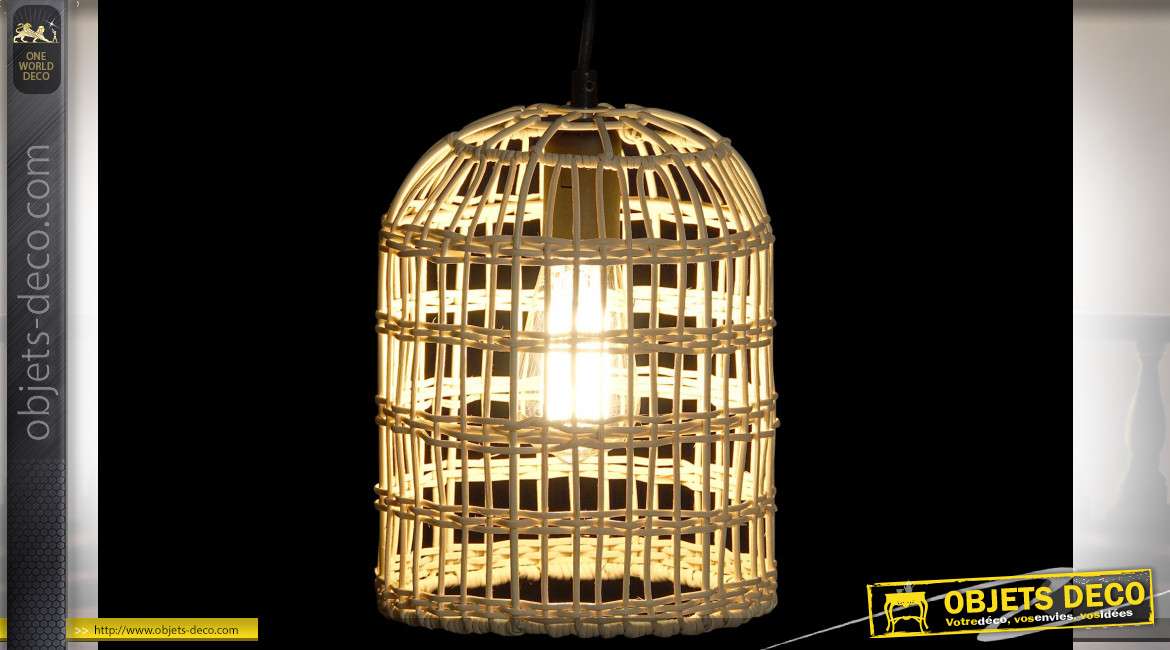 Suspension luminaire en forme de cage à oiseaux en rotin finition naturelle style tropical, 25cm