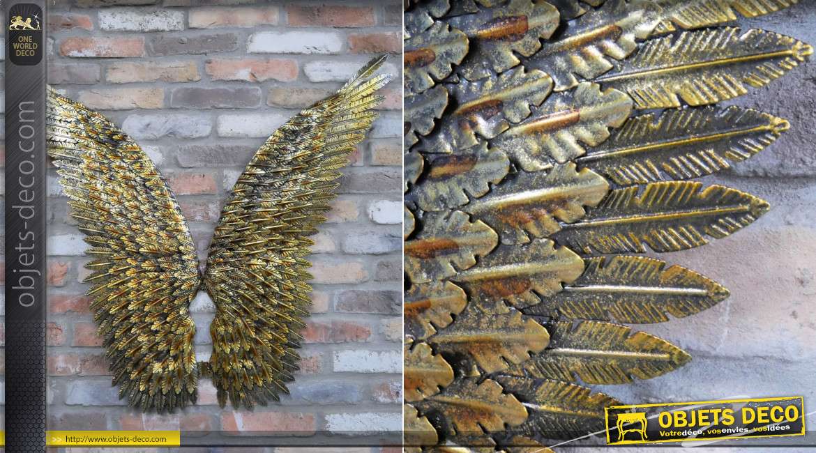 Grande paire d'ailes décoratives en métal, finition dorée vieillie avec reflets cuivrés et noirs, décoration murale originale, 100cm