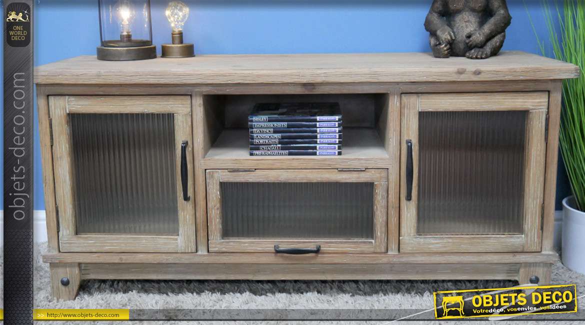 Meuble TV en bois de sapin de style rustique, veinage apparent finition légèrement blanchi, esprit massif, collection Rustichic, 120cm