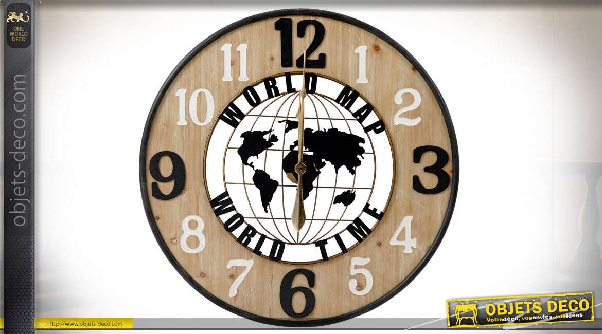 Horloge murale tricolore en bois et fer esprit globe-trotter, 80cm