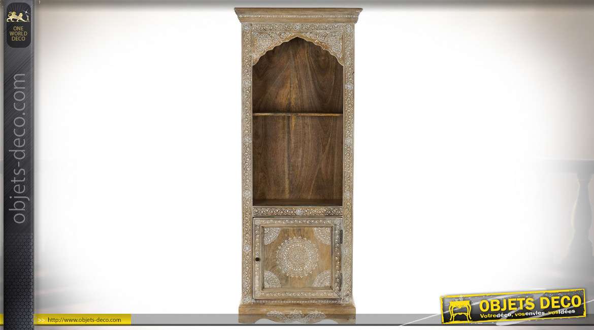 Bibliothèque colonne en voûte orientale peinte à l'acrylique de motifs arabesques, bois de manguier finition brun clair, 151cm