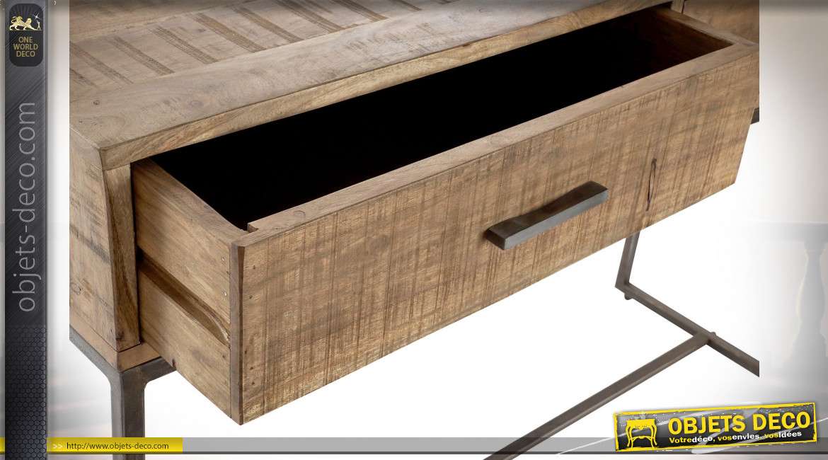 Console à deux tiroirs en bois d'acacia et métal finition brun foncé et noir de style chalet moderne, 120cm