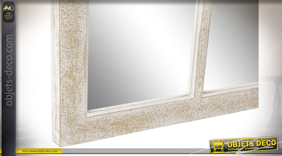 Miroir fenêtre en bois de manguier arqué finition blanc usé de style gothique, 90cm