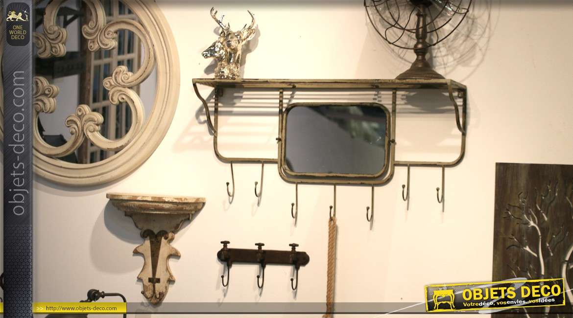 Miroir de vestiaire indus et vintage en fer forgé avec étagère