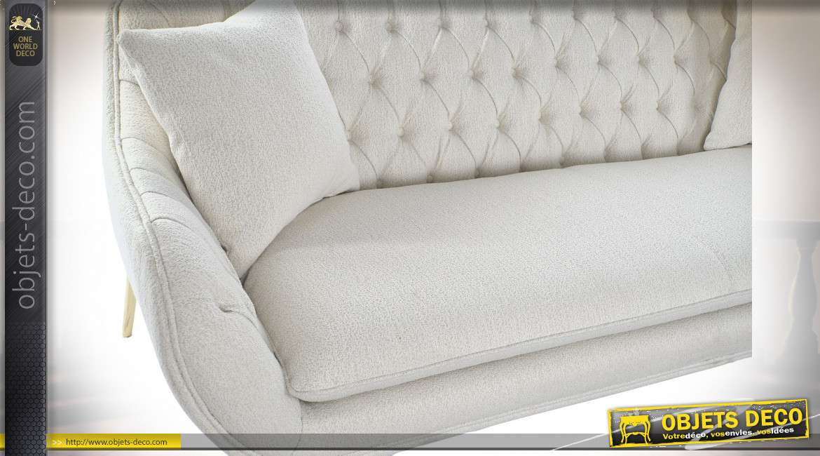 Canapé de style contemporain en tissu capitonné finition beige, pieds en métal doré, 195cm