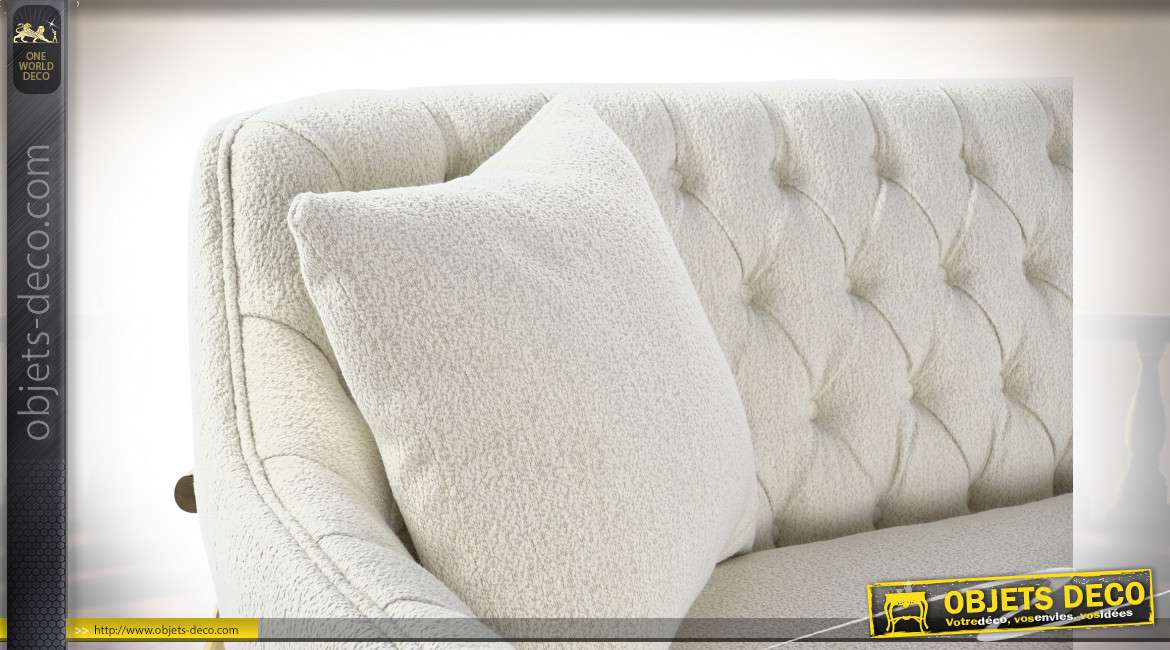 Canapé de style contemporain en tissu capitonné finition beige, pieds en métal doré, 195cm