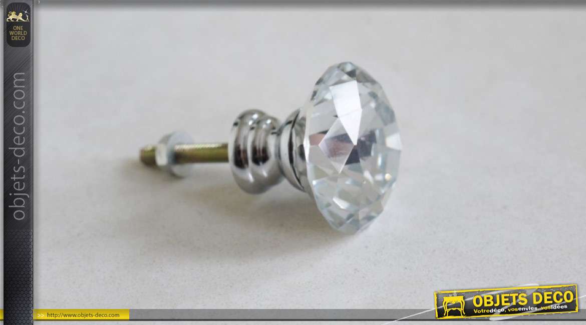 Bouton de meuble en verre translucide, poli et taillé en forme de diamant de Ø3cm, ambiance impériale