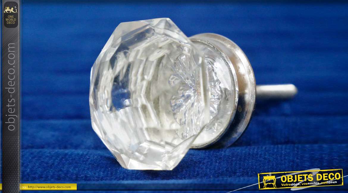 Bouton de meuble en verre translucide taillé en forme de cristal de roche, multifacette, ambiance chic et sobre, Ø4cm