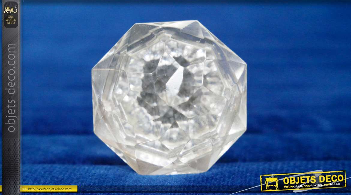 Bouton de meuble en verre translucide taillé en forme de cristal de roche, multifacette, ambiance chic et sobre, Ø4cm